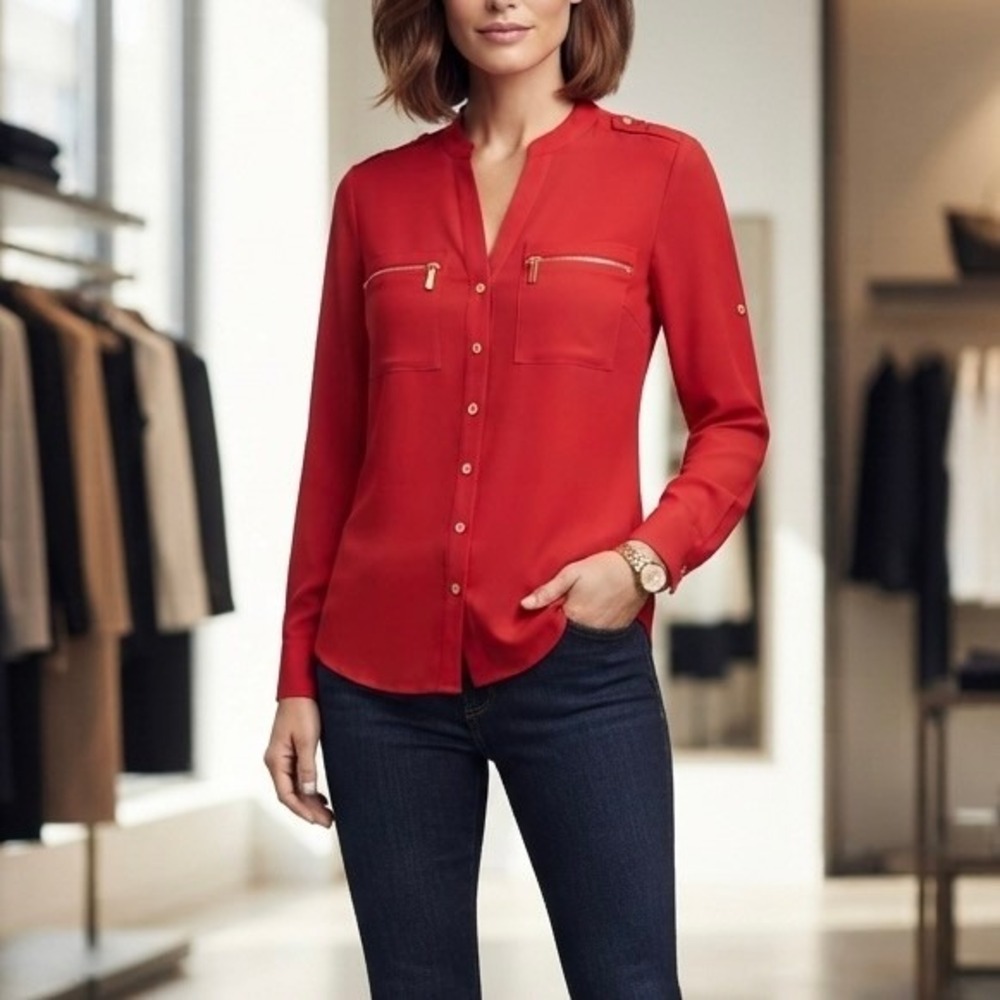 Calvin Klein Red Roll Tab Sleeve Blouse Gold Zip Pockets Womens Sz S Work
